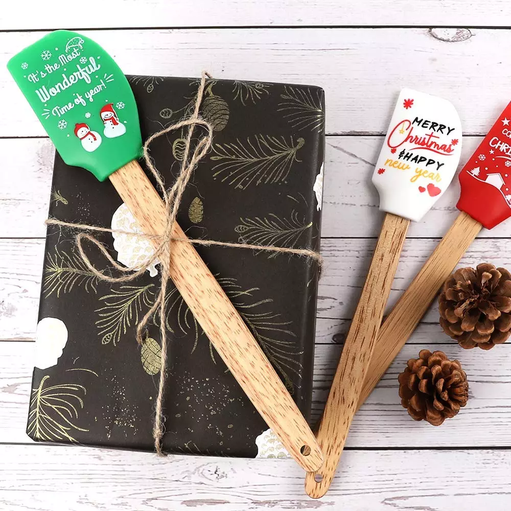 6packs طباعة كبيرة عيد الميلاد سيليكون ملعقة هدية مجموعة مع مقبض خشبي طبيعي